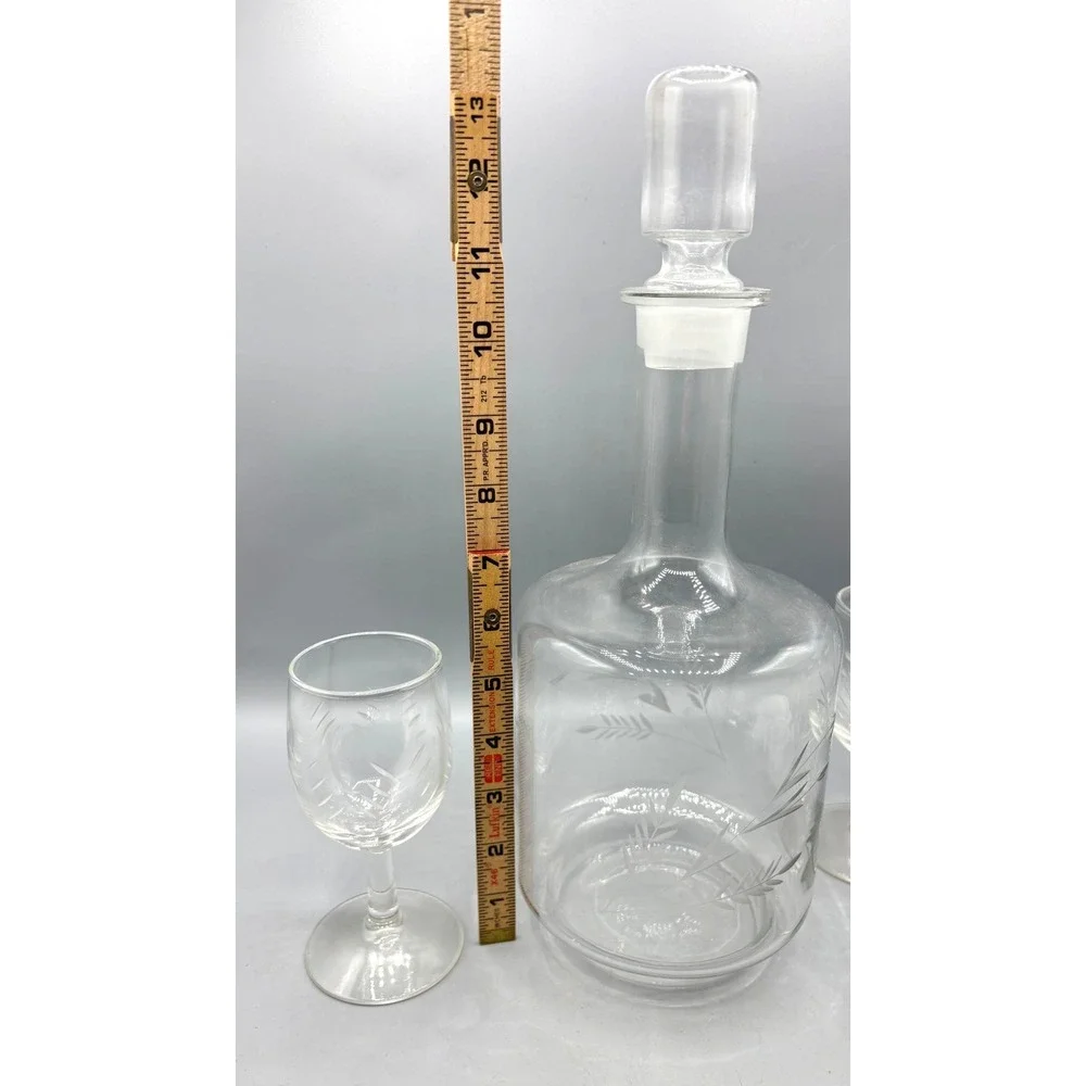Vintage Etched Wheat Glass Decanter Set with Stopper and 3 Cordial Glasses Clear